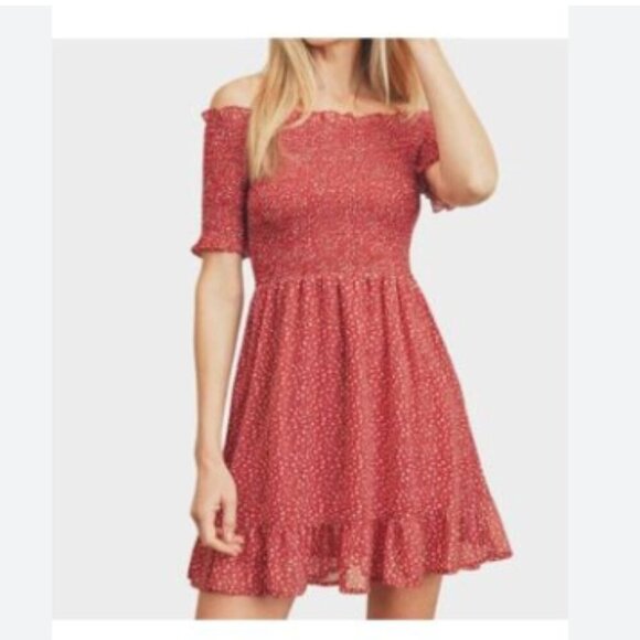 NWT Dress Forum Smocked Off the Shoulder Red Floral Mini Dress - Picture 1 of 7